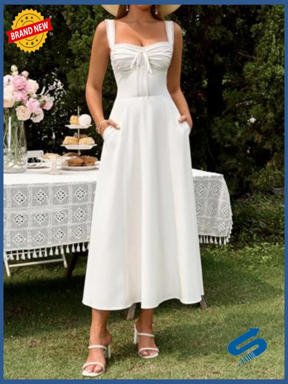 Vintage Corset Midi Dress with Pockets Flowy A-Line Lace Up Back - Picture 2 of 6